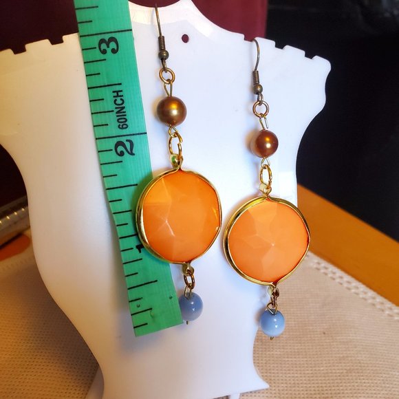2.5" Bronze Hook Orange Disc Blue Bead Earrings - Picture 4 of 4